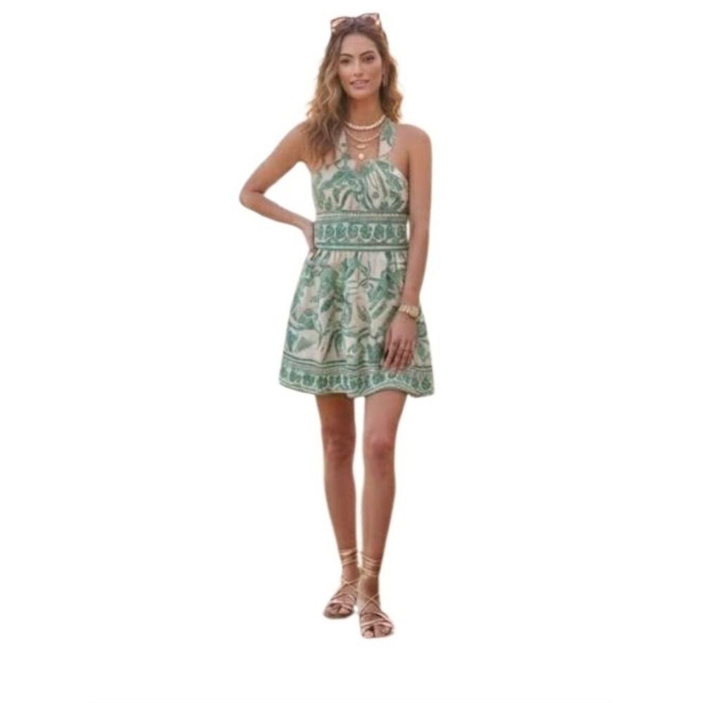 Green Tropical Batik Tie Neck Halter Summer Dress Sz L